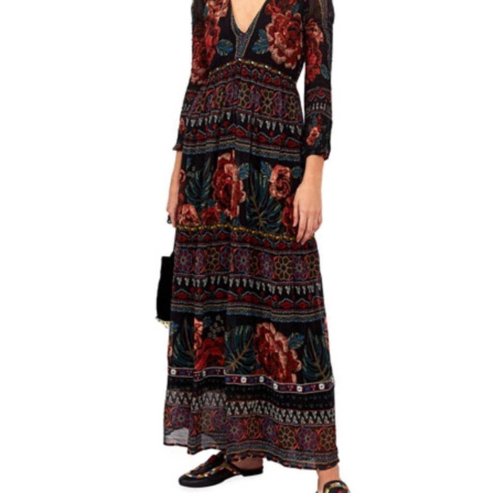 FARM Rio Black Maxi Dress with Red Floral and Blue-Green Accents